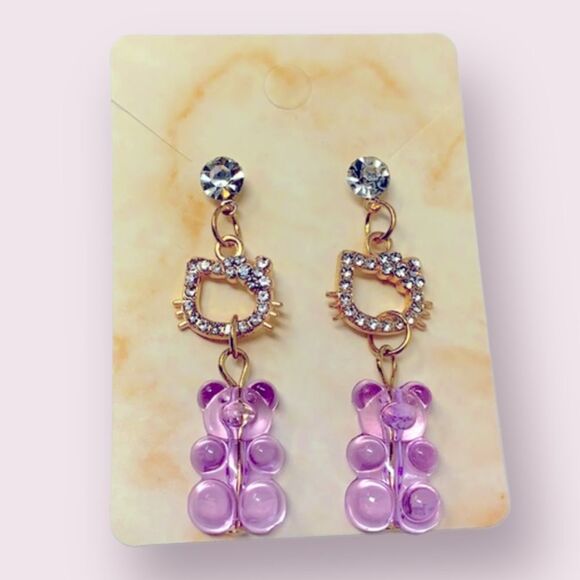 Gold Hello Kitty Purple Gummy Bear Drop Earrings - Picture 1 of 8
